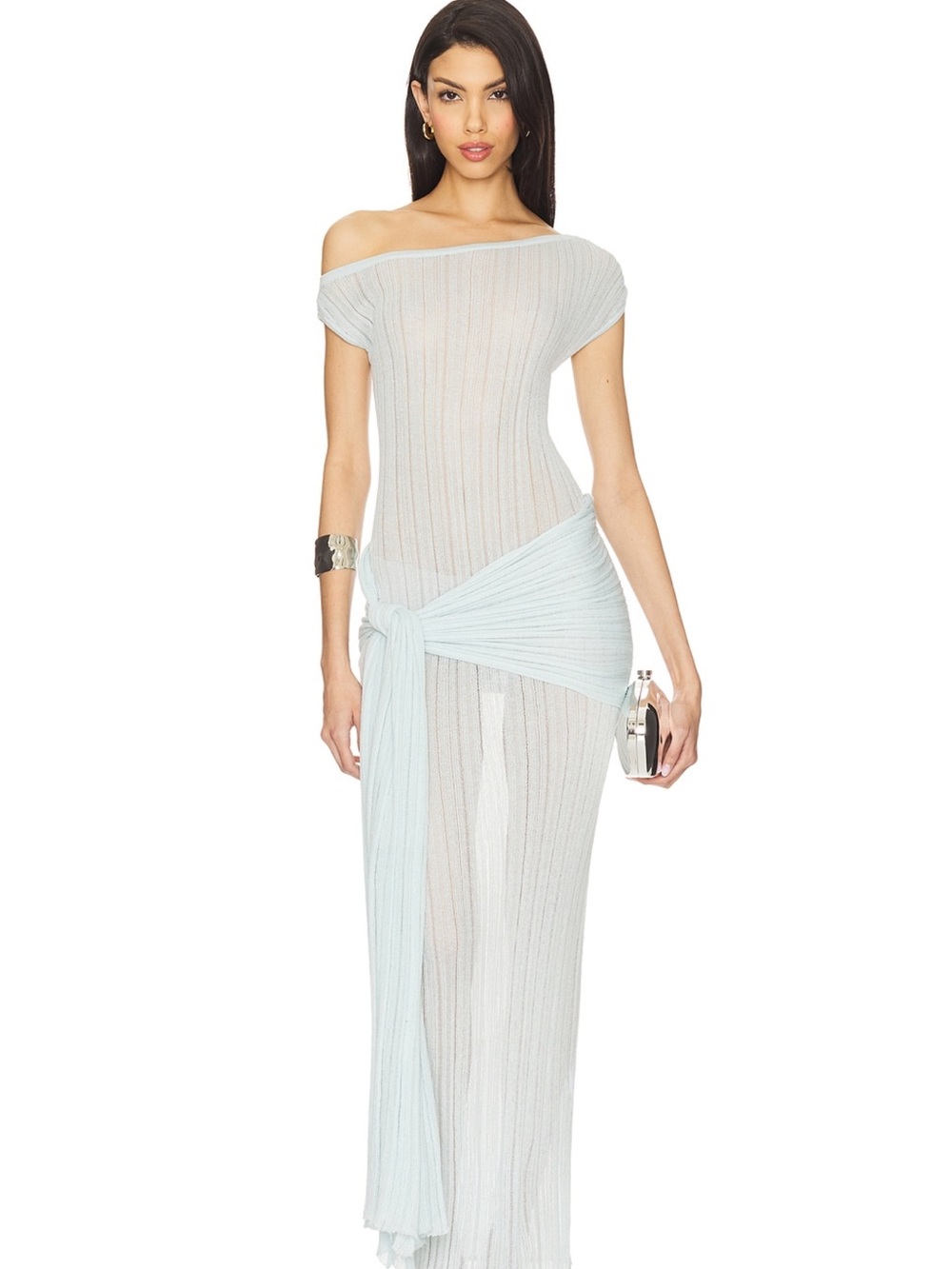 Camila Coelho One-Shoulder Sheer Maxi Dress in Light Blue